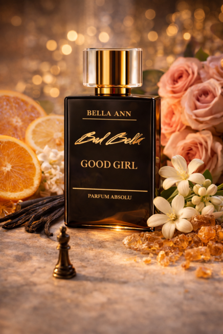 Good Girl Perfume bottle with oranges and flowers
