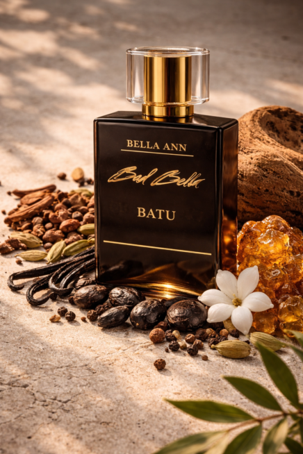 Batu fragrance bottle surrounded by spices