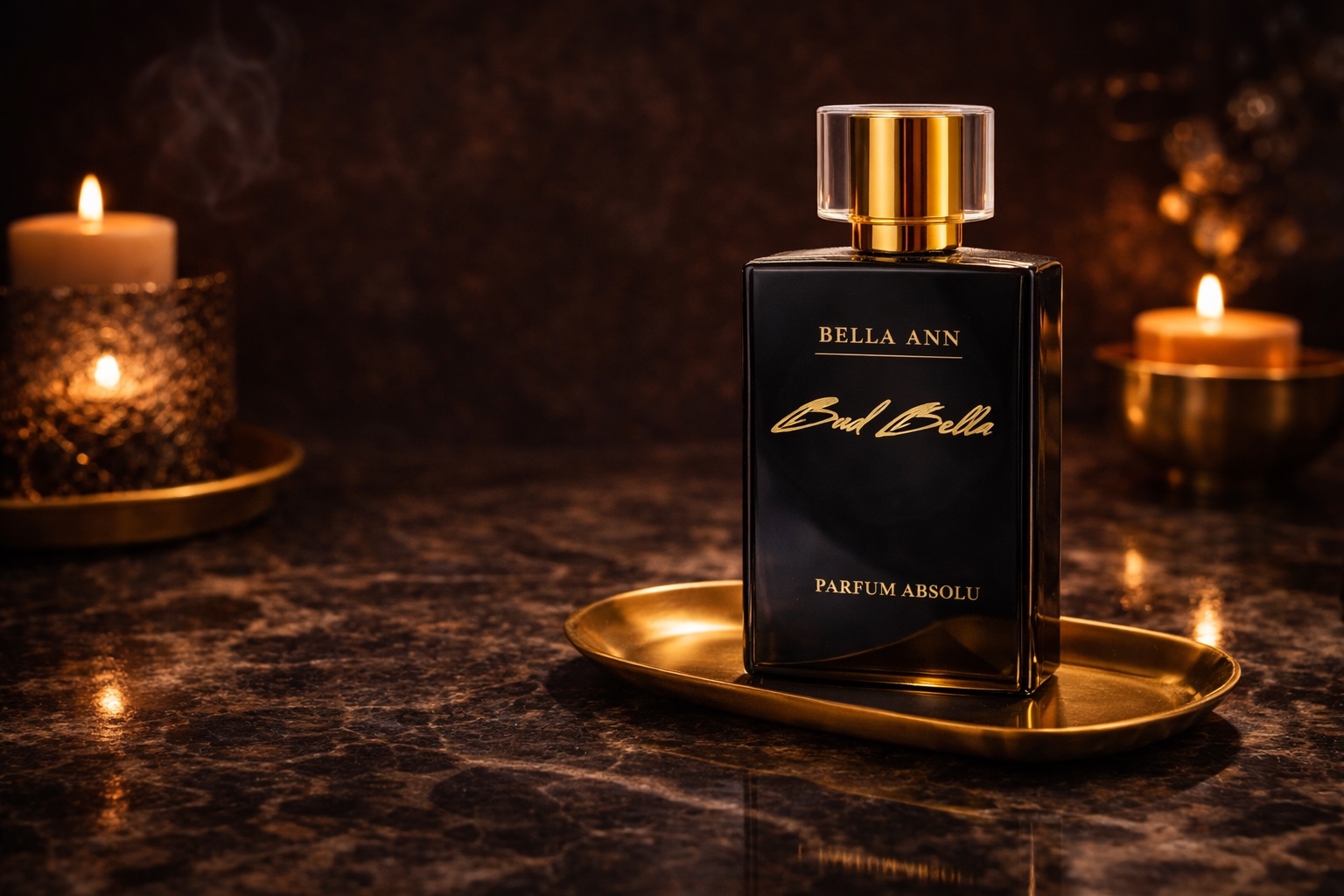 Fragrance Spray on a gold plate dark background. Expensive Looking