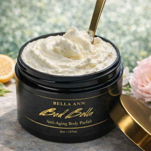 Anti Aging Body Parfait open with spoon. Use as part of a subtle fragrance routine for attraction