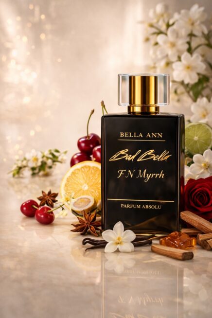 F N Myrrh Fragrance Bottle with cherry and lemons around it