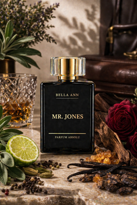 Mr. Jones Parfum with whiskey glass, limes and dark red roase