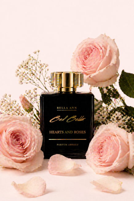 Hearts and Roses Perfum Bottle with Pink roses and baby breath flowers