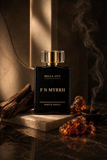 F N Myrrh in a dark background with smoke