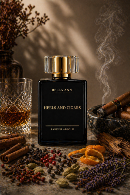 Heels and Cigars with a glass of whiskey and a lit cigar
