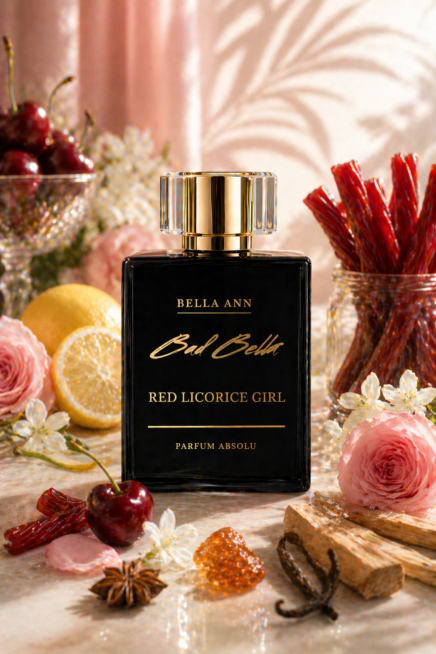Red Licorice Girl Perfume bottle with red licorice, lemons, pink roses and cherries